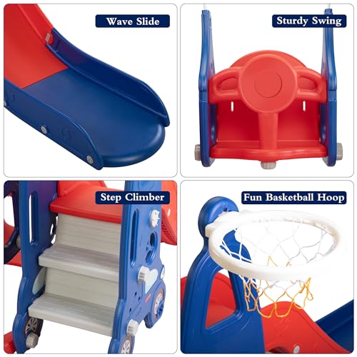 5 in 1 Toddler Slide and Swing Set with Basketball Hoop, Football Gate Q412838