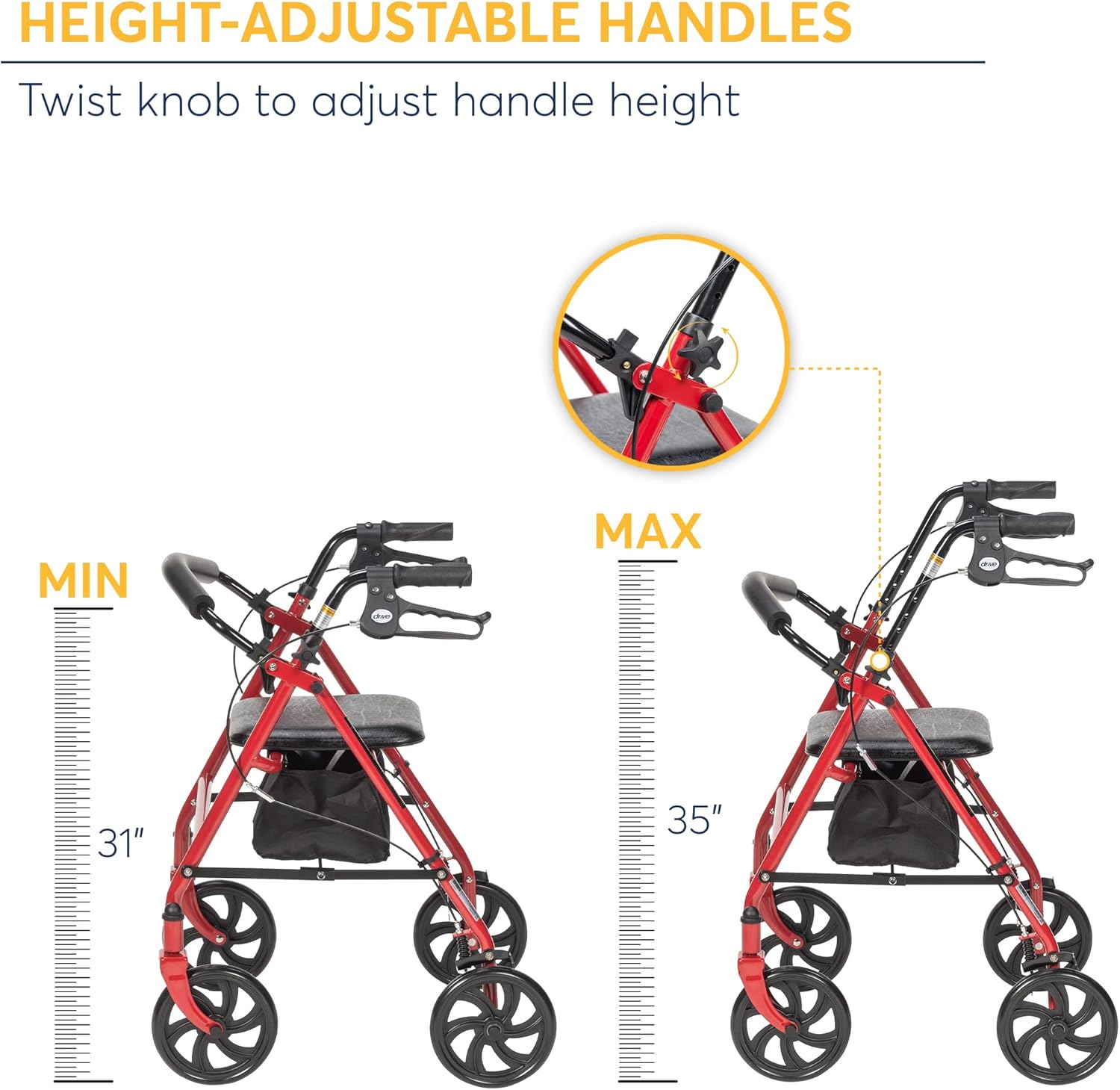 4 Wheel Rollator Walker with Seat, Steel Rolling Walker, Height Adjustable Folding Steel Bedside Commode Chair, Portable Toilet G2142