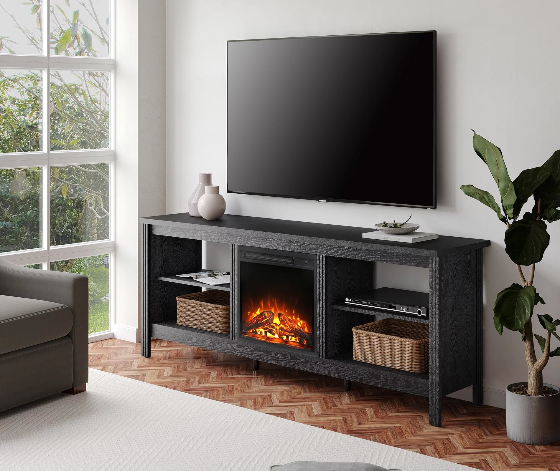 Black 70 inch Wood Electric Fireplace TV Stand L44036