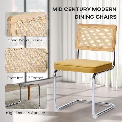 Velvet Dining Chair Set of 2 with Natural Cane Back Chrome Base Green F7456