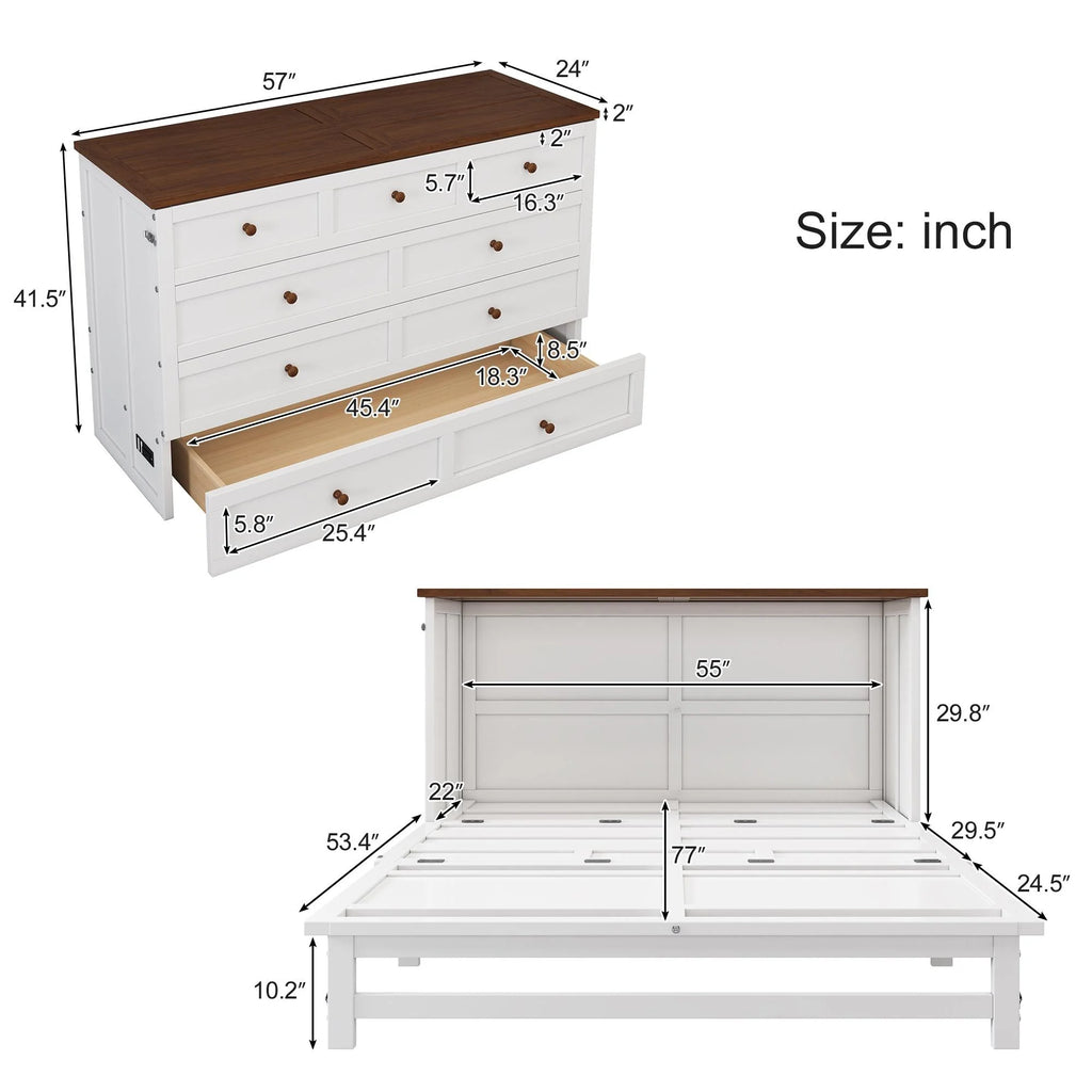 White+Walnut Solid Wood Queen Size Murphy Bed with Storage Drawer Y192053