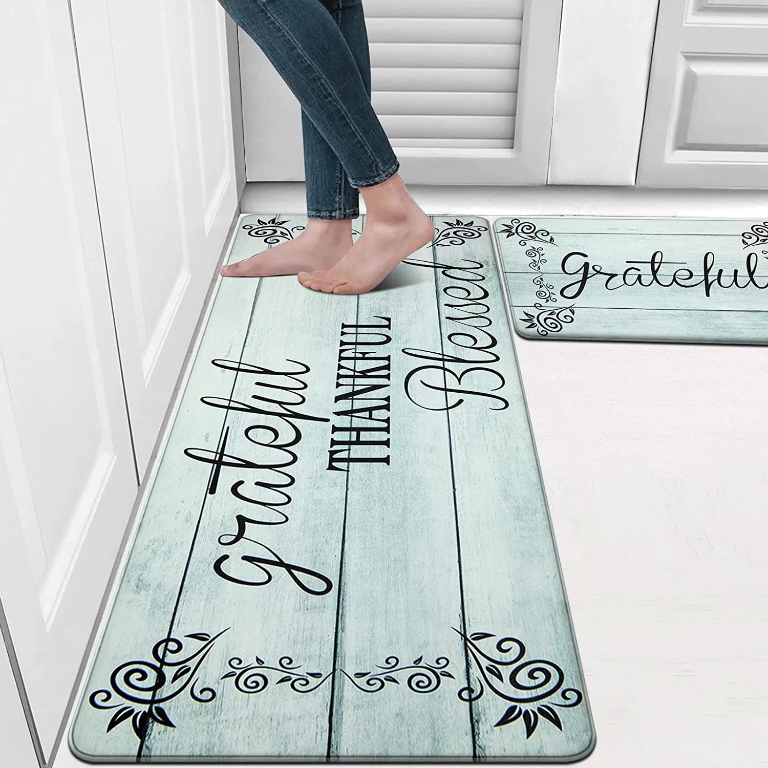 2 Piece Anti Fatigue Non-Slip Waterproof Kitchen Mat Runner, Aqua Blue R402089
