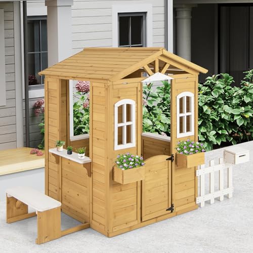 Fir Wood Outdoor Playhouse with Bench, Mailbox, Fence, Windows & Door P625210