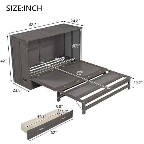 Gray Queen Size Murphy Bed with Storage Drawer X396