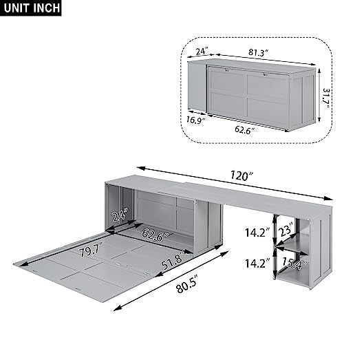 Grey Queen Size Murphy Bed with Storage Shelves Q9436