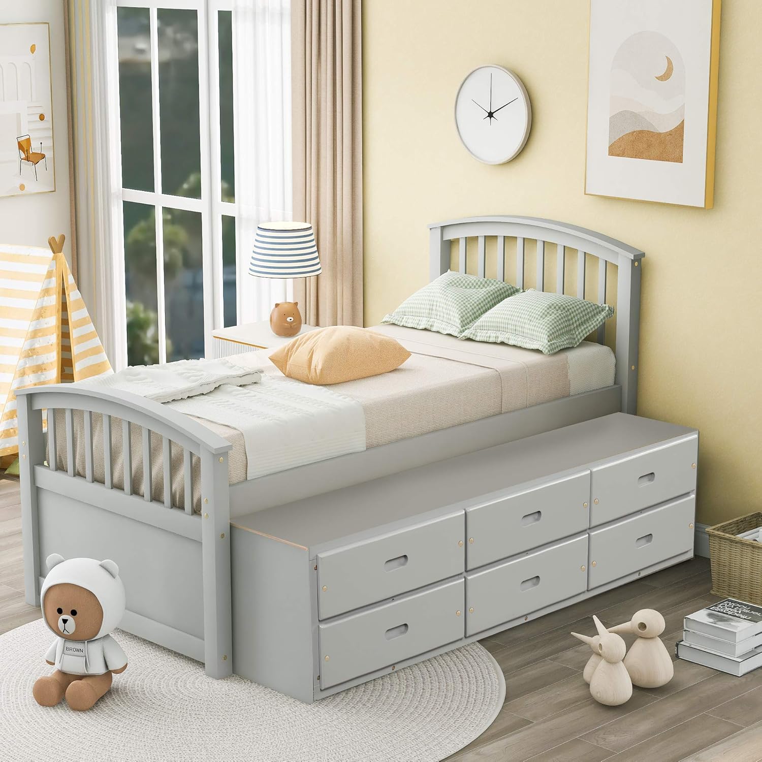 Gray Solid Wood Twin Size Platform Storage Bed with 6 Drawers A261