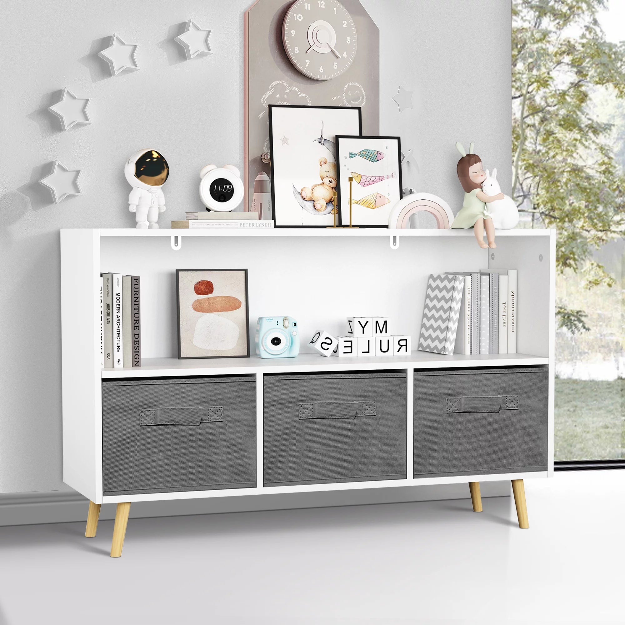 White Kid's Toy Storage Cabinet with Collapsible Fabric Drawers E48337