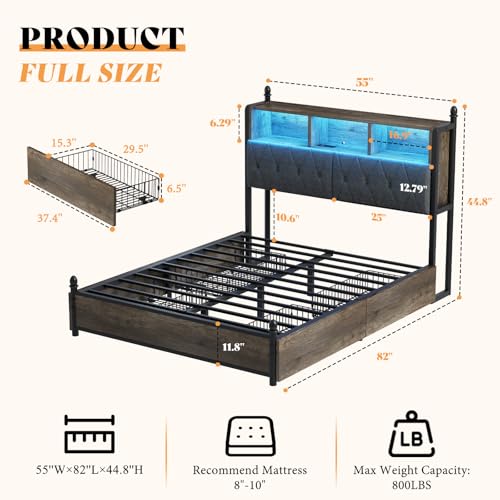 Full Size Bed Frame with Bookcase Headboard, 4 Storage Drawers, Wooden Platform Bed with Charging Station & LED Light, Rustic Brown W842