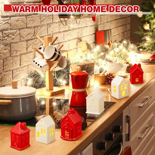 6 Pcs Ceramic LED Lighted Christmas Village Houses Green and White F2188