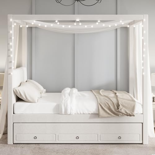 Beige Twin Size 4 Poster Canopy Bed with Upholstery Headboard, Trundle and 3 Drawers I131696