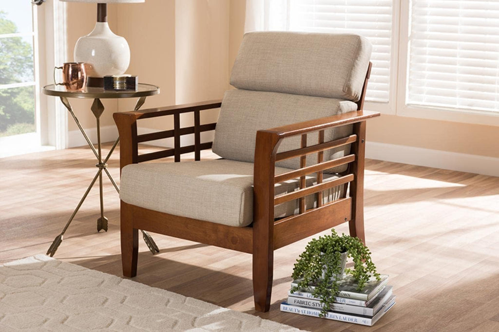 Cherry Finished Brown Wood and Dark Beige Fabric High Back 1-Seater Lounge Chair W56091