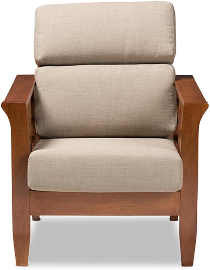Cherry Finished Brown Wood and Dark Beige Fabric High Back 1-Seater Lounge Chair W56091