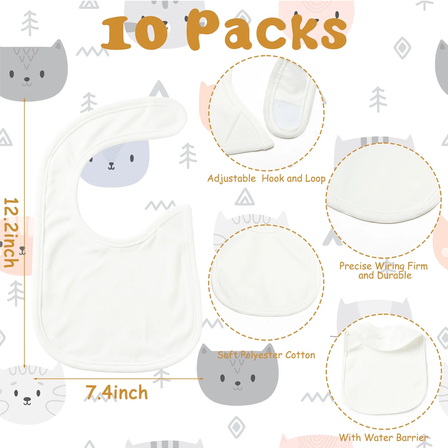 10 Pcs White Cotton Waterproof Baby Bibs J97331