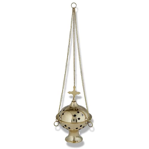 Brass Hanging Censer Incense Burner with Cross, 12 Inch Chain G701692