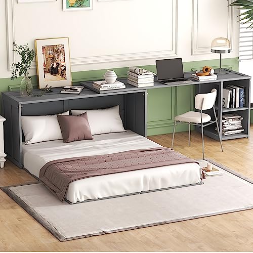 Grey Queen Size Murphy Bed with Storage Shelves Q9436