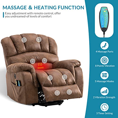 Large Power Lift Recliner Chair with Massage and Heat, Extra Wide Oversized Electric Recliner, 350lbs Capacity (Brown) Z109