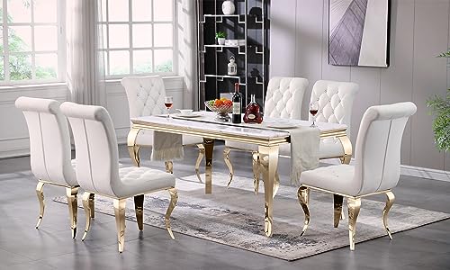 7 Piece White Velvet Dining Table Set L18264