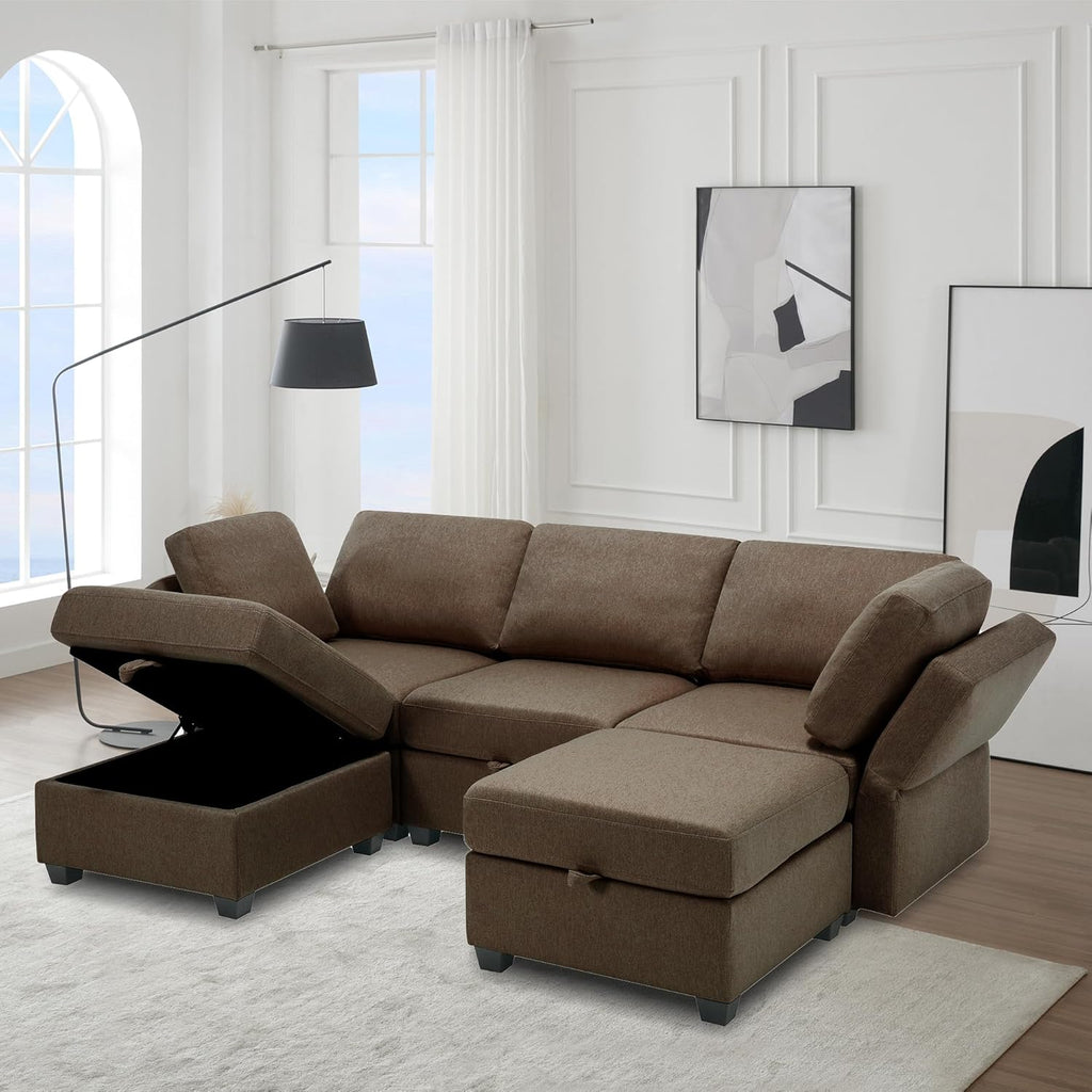 Brown Reversible Modular Sectional Sofa with Chaise and Storage N376