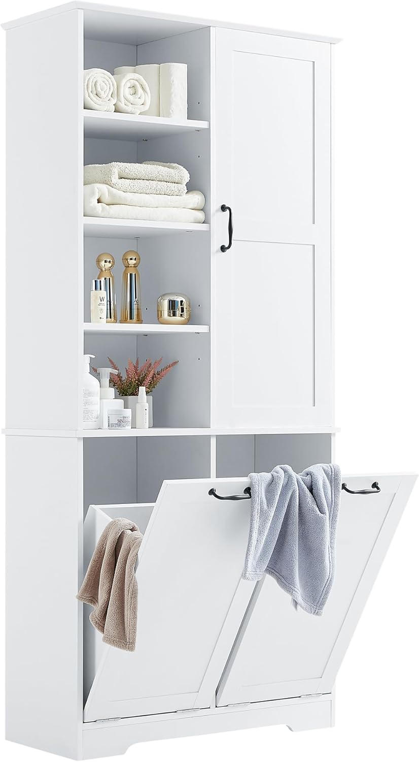 White Tall Bathroom Storage Cabinet with Laundry Hamper G1606