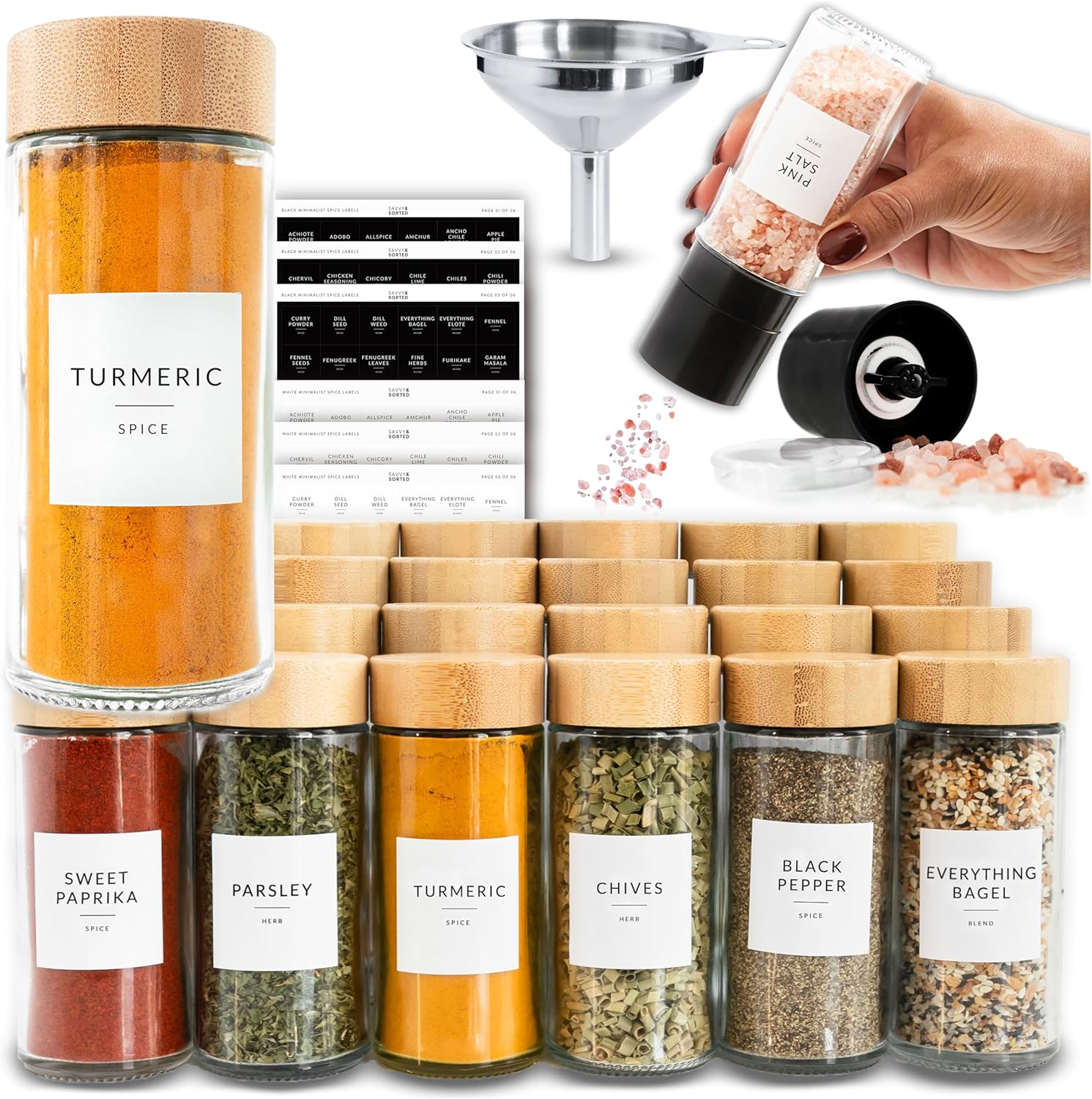 24 Glass Spice Jars with Bamboo Lids and Labels B84184