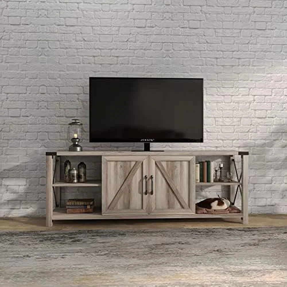 Farmhouse TV Stand Wooden Entertainment Center Console Table with 2 Drawers and 4 Compartment Television Stands with Adjustable Shelves M8600