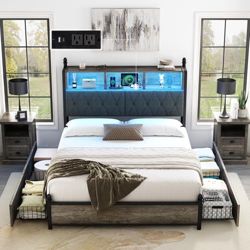 Full Size Bed Frame with Bookcase Headboard, 4 Storage Drawers, Wooden Platform Bed with Charging Station & LED Light, Rustic Brown W842