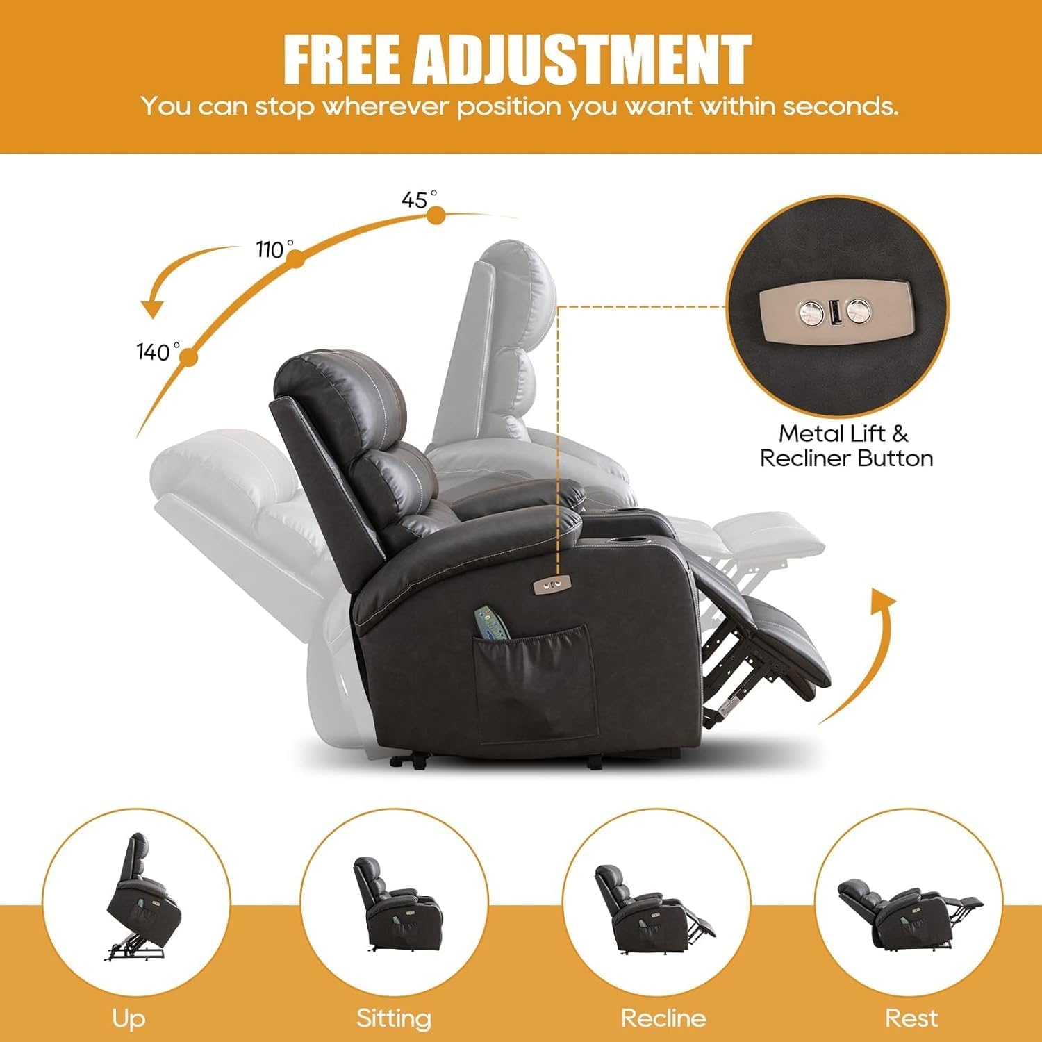 Power Lift Recliner Chair with Heat and Massage, Electric Recliner Chairs with Standing Assistance, 2 Cup Holders, USB Charge Port, Breathable Leather J716