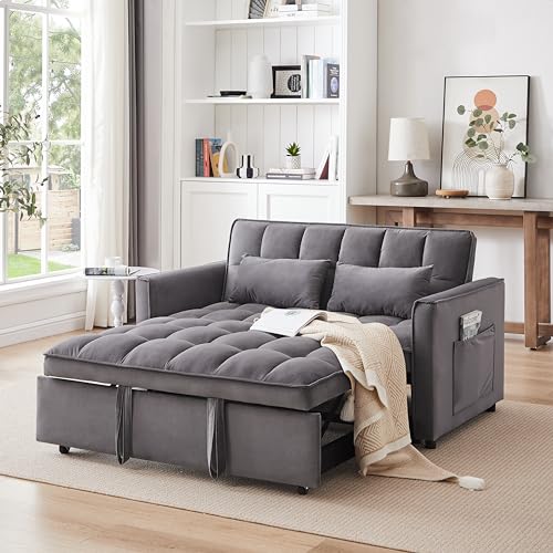 55.1" Blue Velvet Convertible Double Sleeper Sofa Bed M659733