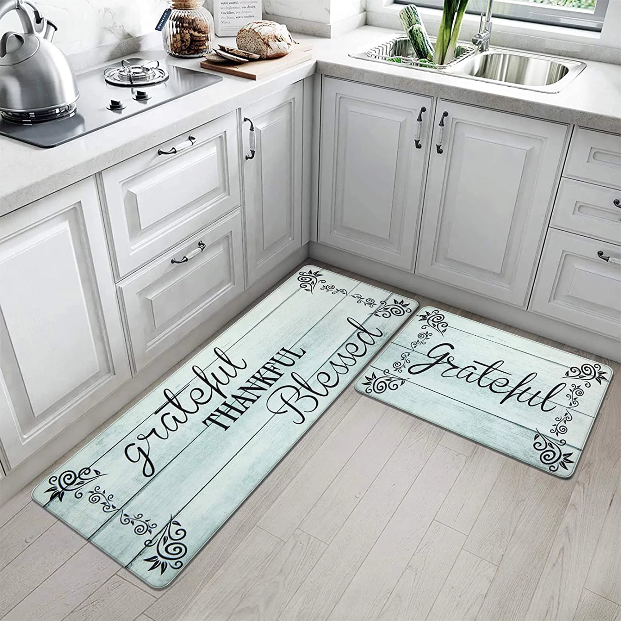 2 Piece Anti Fatigue Non-Slip Waterproof Kitchen Mat Runner, Aqua Blue R402089