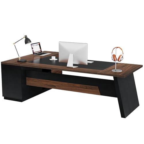 78" L-Shaped Executive Desk with Drawers and Lateral File Cabinet, Walnut & Black I747