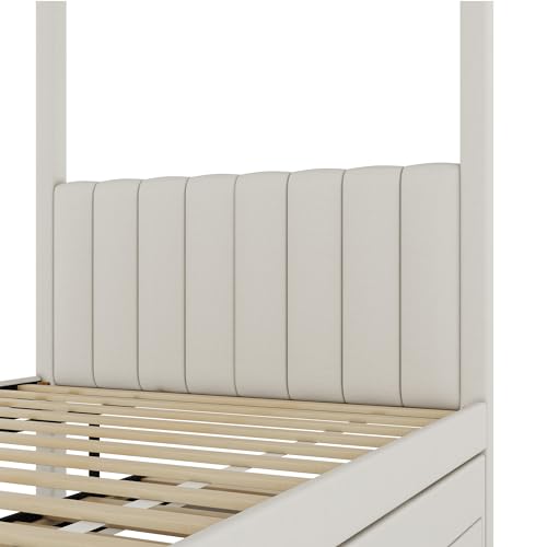Beige Twin Size 4 Poster Canopy Bed with Upholstery Headboard, Trundle and 3 Drawers I131696