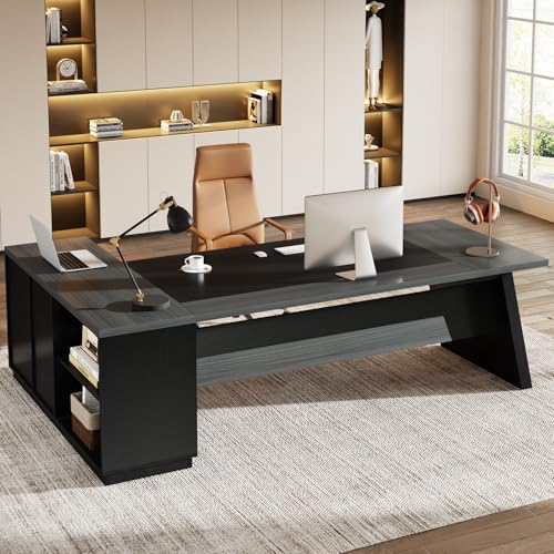78" L-Shaped Executive Desk with Drawers and Lateral File Cabinet, Walnut & Black I747