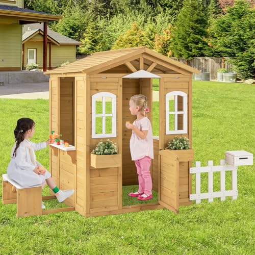 Fir Wood Outdoor Playhouse with Bench, Mailbox, Fence, Windows & Door P625210