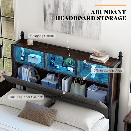 Full Size Bed Frame with Bookcase Headboard, 4 Storage Drawers, Wooden Platform Bed with Charging Station & LED Light, Rustic Brown W842