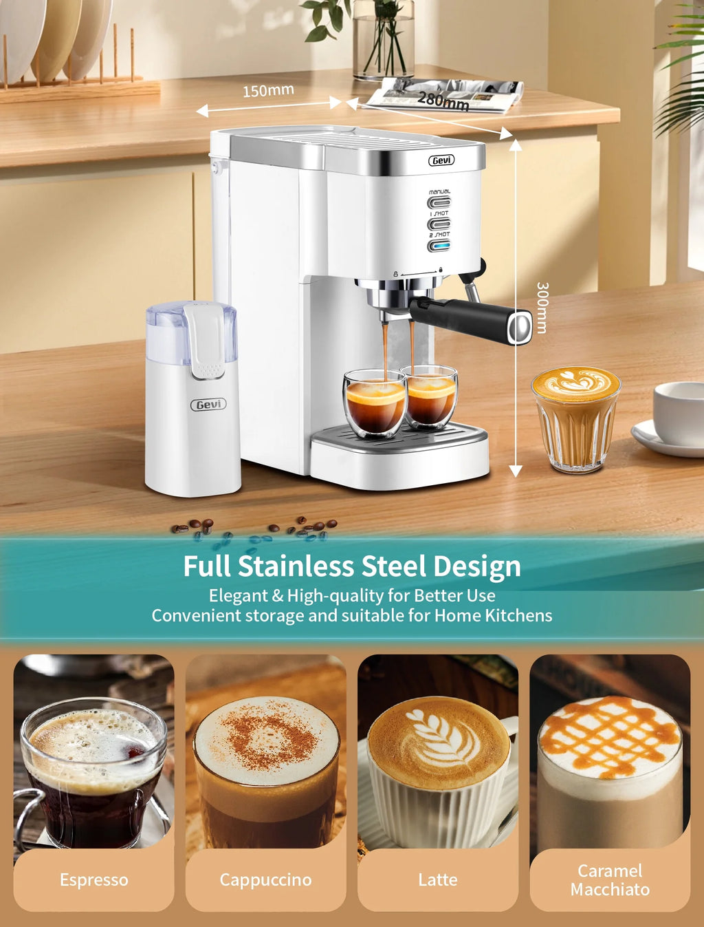 White 20 Bar Automatic Espresso Coffee Maker with Milk Frother Wand E665307