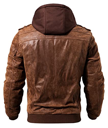 Brown Leather Motorcycle Jacket with Removable Hood G595560