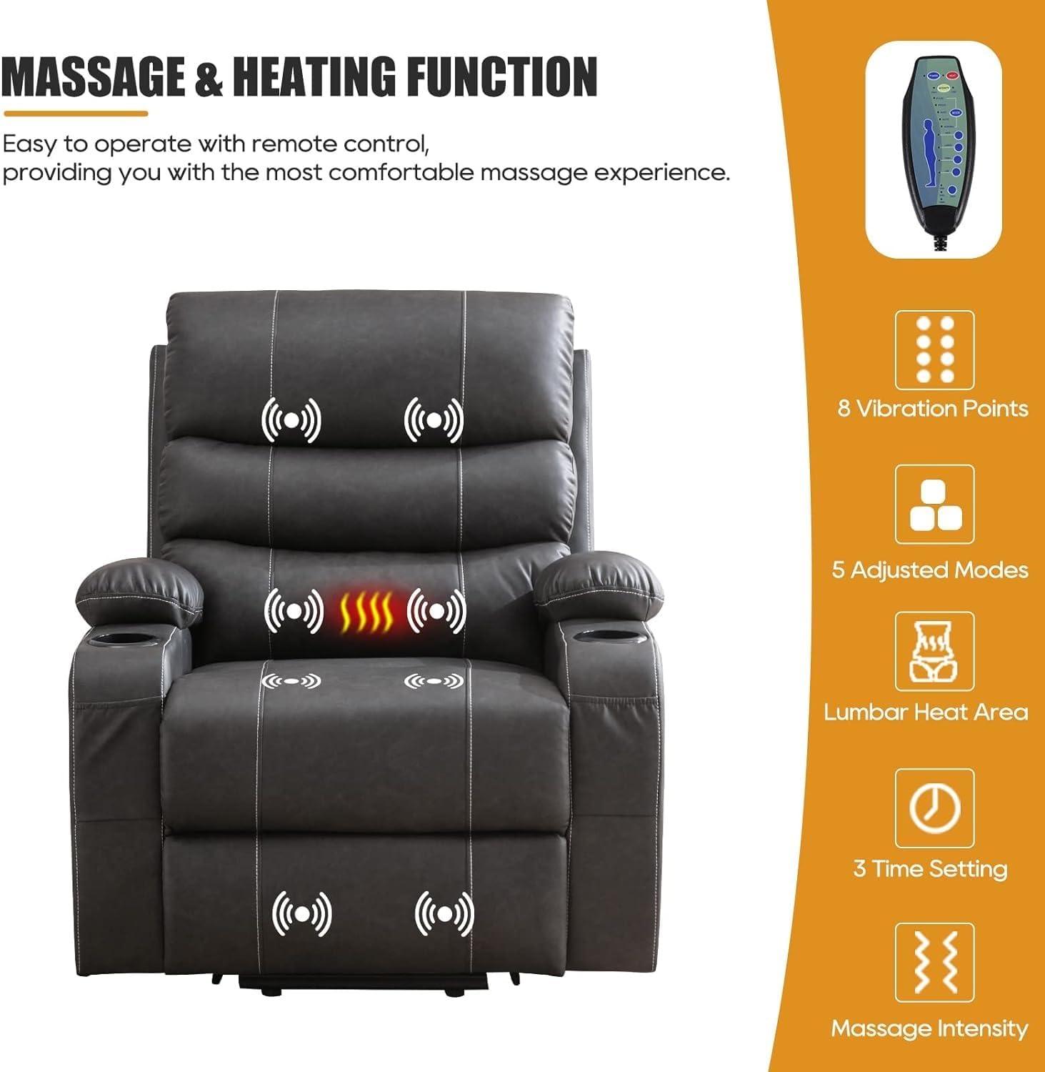 Power Lift Recliner Chair with Heat and Massage, Electric Recliner Chairs with Standing Assistance, 2 Cup Holders, USB Charge Port, Breathable Leather J716