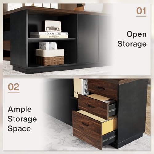 78" L-Shaped Executive Desk with Drawers and Lateral File Cabinet, Walnut & Black I747