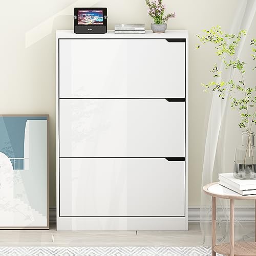 White 3 Flip Drawers Freestanding Shoe Storage Cabinet Z929474