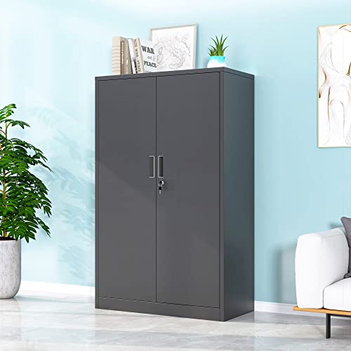 Black Metal Storage Cabinet with Locking Doors and 2 Adjustable Shelves T327