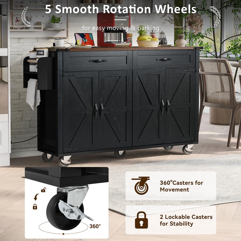 Black Farmhouse Kitchen Island with Power Outlet and Drop Leaf R30551