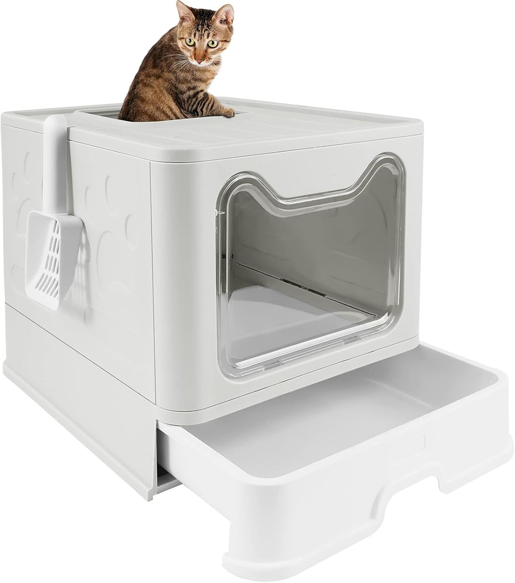 Foldable Cat Litter Box with Lid, Large Cat Litter Pan Drawer Type Enclosed Cat Potty with Cat Litter Scoop V83279