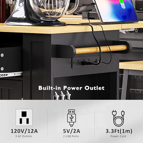 Black 48-inch Rolling Kitchen Island with Drop Leaf & Power Outlet K1369