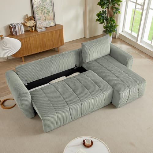 Modular Sectional Sleeper Sofa with Storage, Convertible 3 Seat L Shape Couch with Reversible Chaise, Corduroy Sleeper Couch with Pullout Bed (Light Grey) P44013