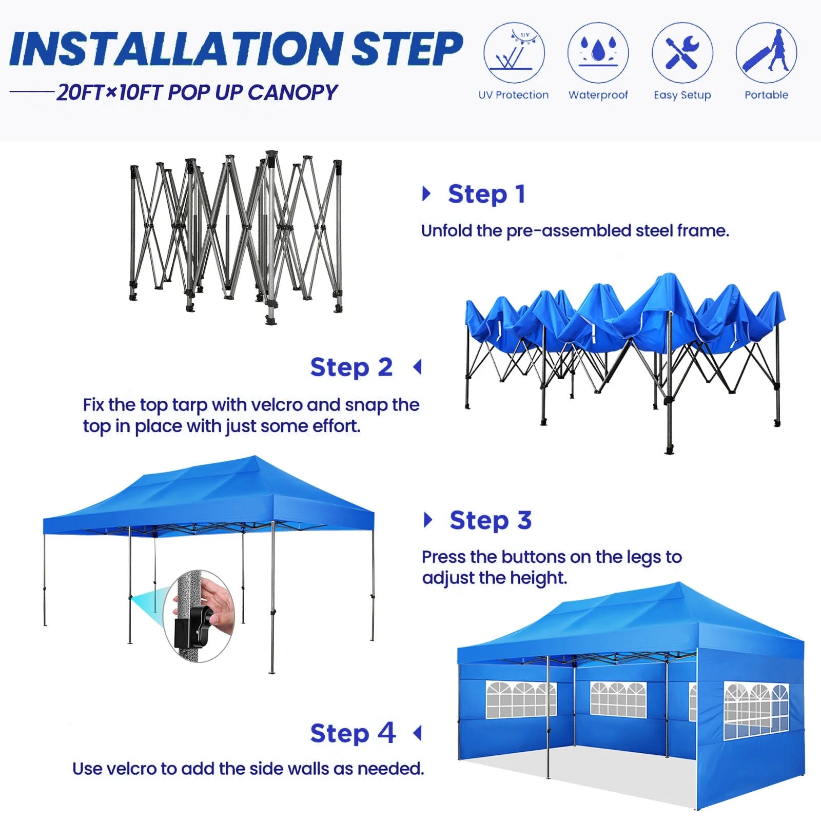 10'x20' Heavy Duty Pop Up Canopy Tent with 6 Removable Sidewalls, Blue U8393