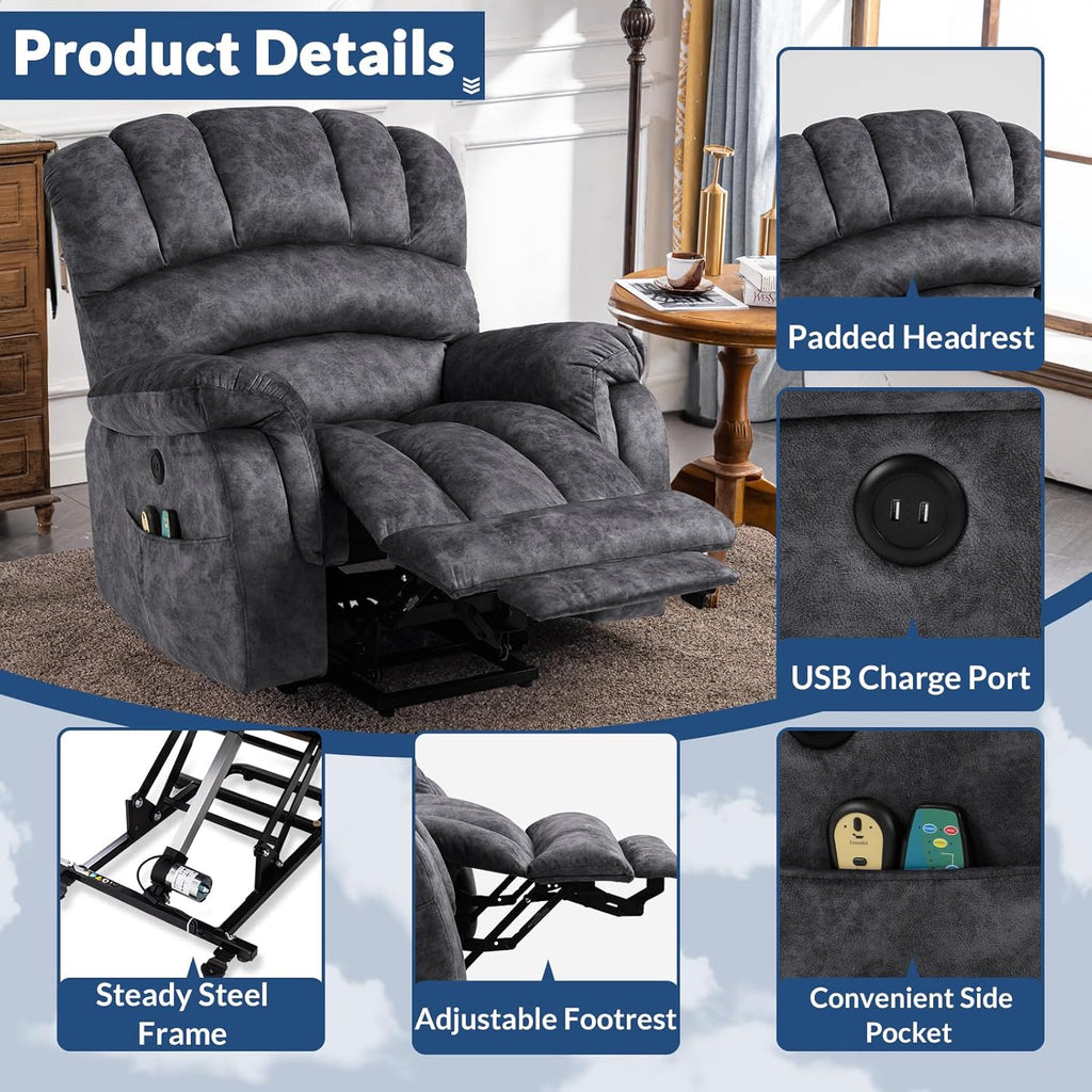 Large Electric Power Lift Recliner Chair with Extended Footrest, Gray O220787
