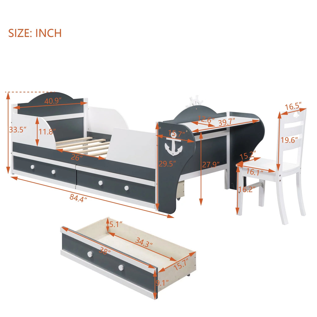 White Gray Twin Size Platform Bed with Two Drawers H973536