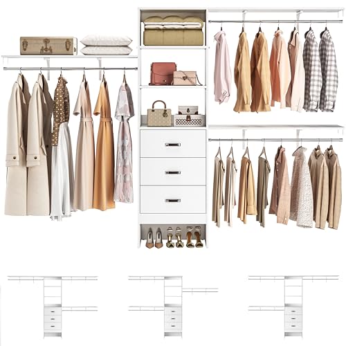 120 Inches Closet System with 3 Shelving Towers, Heavy Duty Clothes Rack with 3 Drawers, White Oak T1744