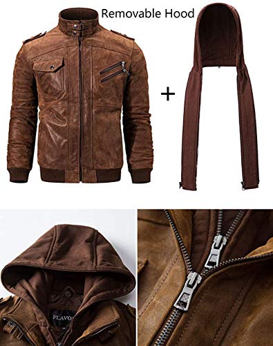 Brown Leather Motorcycle Jacket with Removable Hood G595560