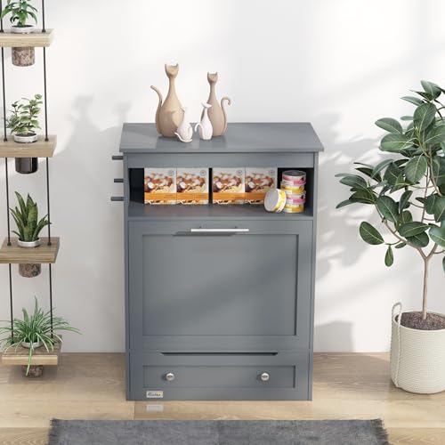 White Pet Feeder Station Storage Cabinet with Dog Raised Bowls M14826